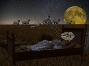 Person lying in bed with sheep leaping over the fence.