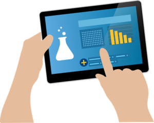 Hands holding an iPad with scientific data