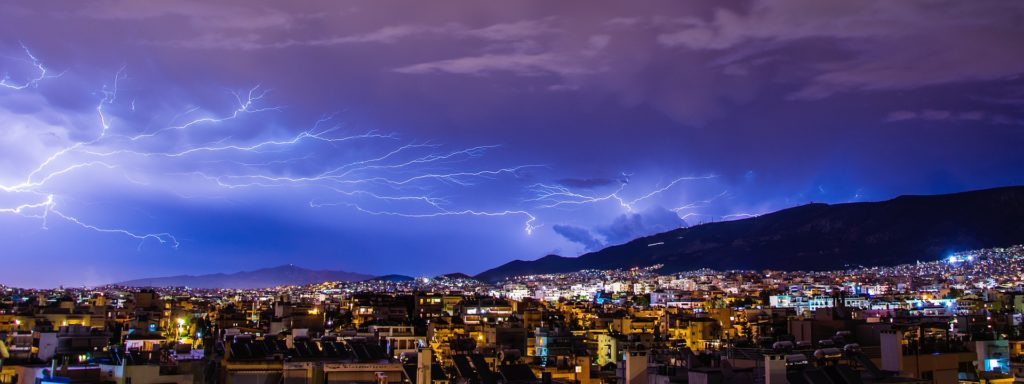 Lightning over a night city scene